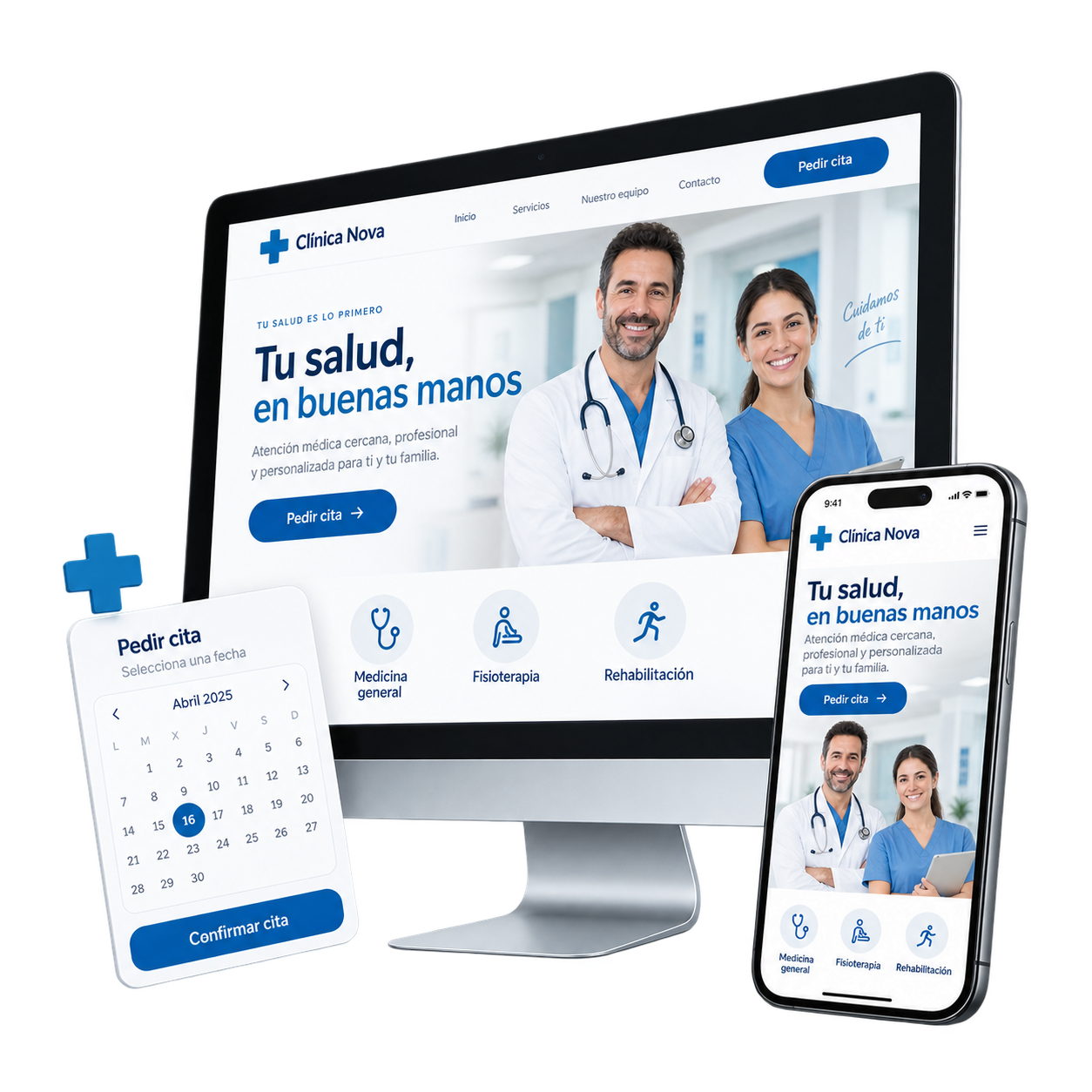 Diseño web para clínicas y centros médicos Webservi Diseño web para clínicas mostrado en ordenador y móvil, con servicios médicos y reserva de citas.