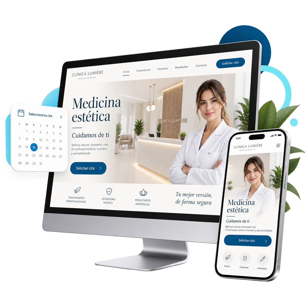 Diseño web para clínicas estéticas | Webservi Ejemplo de web para clínica estética en ordenador y móvil con sistema de solicitud de cita.